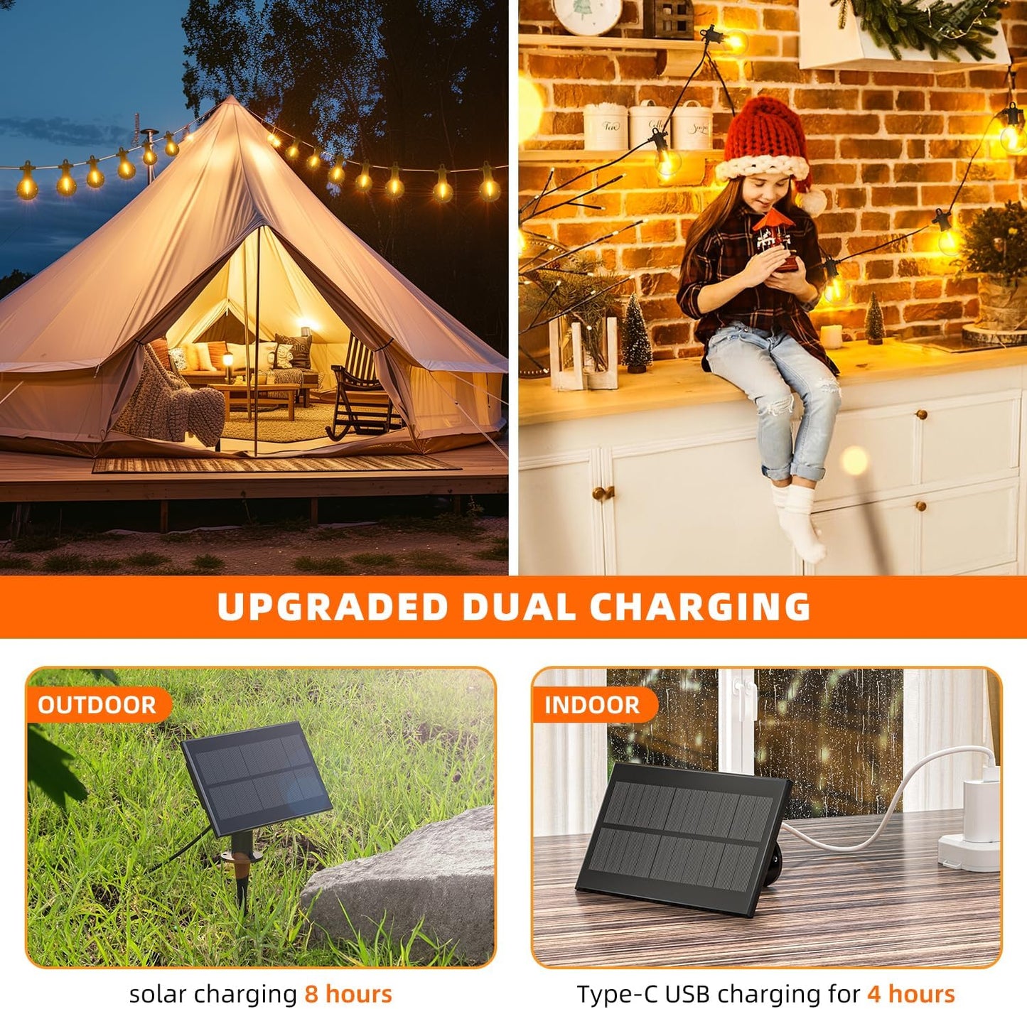 Kawaya Solar Powered String Lights for Outside, Outdoor IP65 Waterproof LED Patio Light with USB-Charging, Shatterproof Edison Hanging Lights for Bistro Yard Cafe Porch Camping (Solar-Power 100FT)