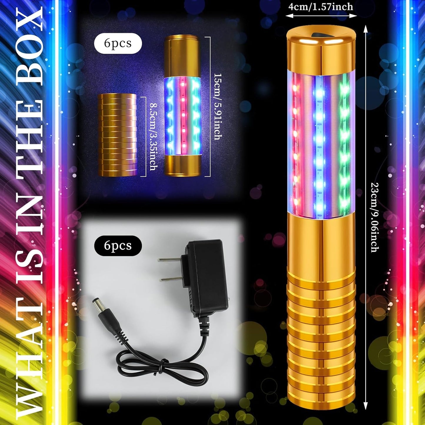 6 Pieces RGB LED Strobe Baton Light Rechargeable Bottle Service Sparklers Stick Reusable Champagne Bottle Handheld LED for Club Stage Nightclub Party Concert Event Bar Outdoor - Gold
