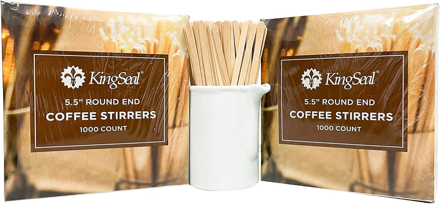 200 Count | KingSeal Natural Birch Wood Coffee Beverage Stirrers, Stir Sticks, Waxing Sticks, 5.5 Inches, Round End, Eco Friendly - 2 Boxes x 1000