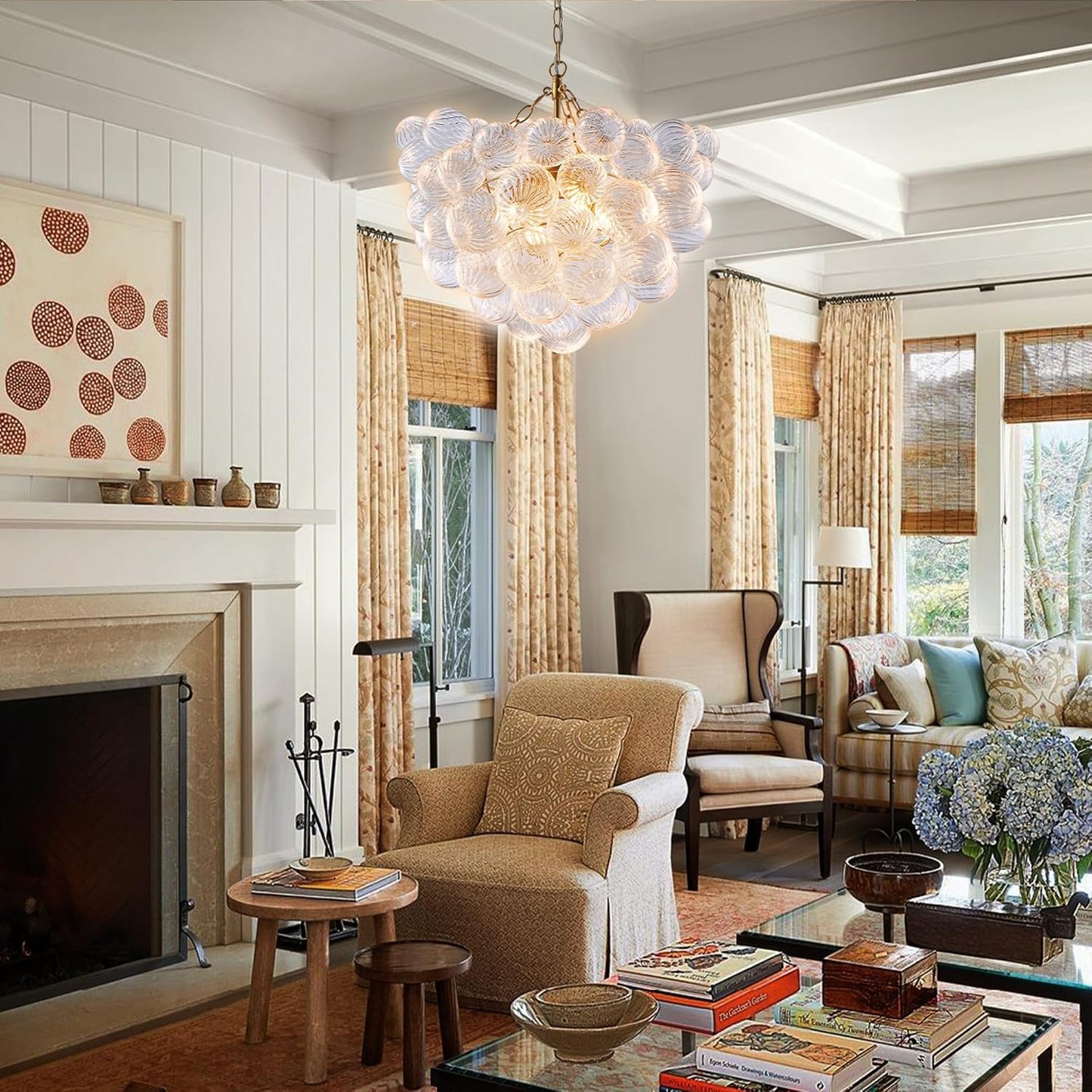 Nordic Bubble Ball Swirled Glass Chandelier, Dia 20 inch Gild Gold and Clear Blown Glass Small Pendant Light Fixture for Bedroom Study Restaurant