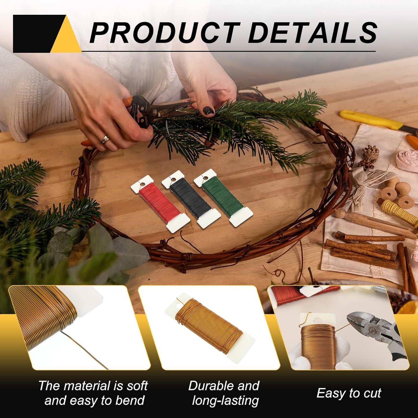 MECCANIXITY 190 Yards/575 Feet Metal Floral Wire 21 Gauge Gold Tone Flexible Paddle Thin Floral Wires for Craft, Christmas Wreath, Flower Arrangement, Wedding, Total 5 Roll