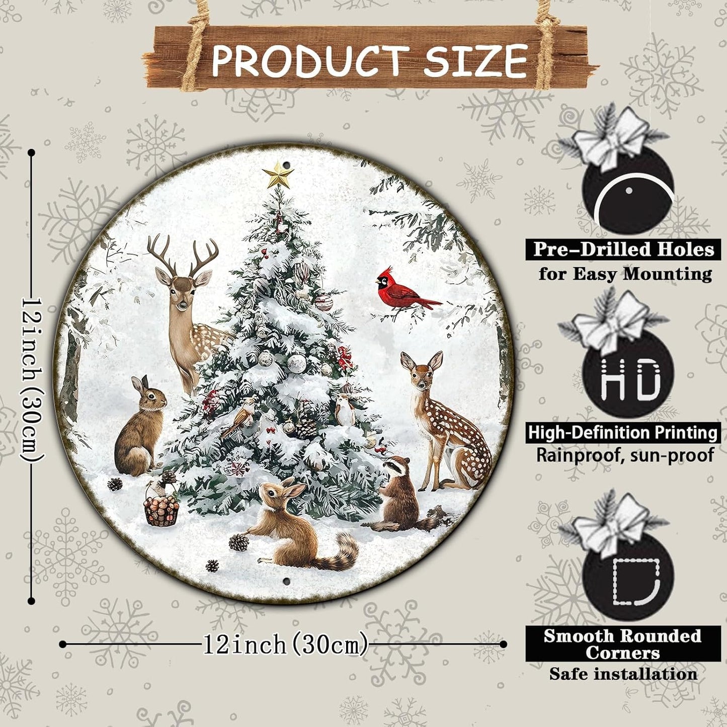 Round Christmas Snow Animals Metal Tin Sign - Vintage Christmas Tree & Winter Sign for Home & Outdoor Decorations - 12 * 12 in
