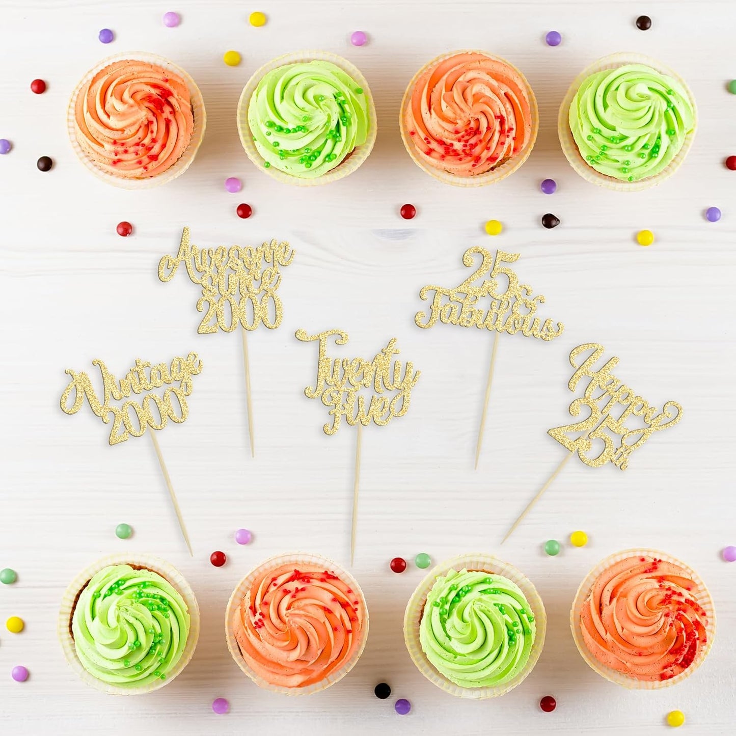 30Pcs Vintage 2000 Cupcake Toppers Glitter Twenty-Five Happy 25th Birthday 25 Fabulous Cupcake Picks Awesome Since 2000 Cake Decorations for 25th Birthday Anniversary Retirement Party Supplies Gold
