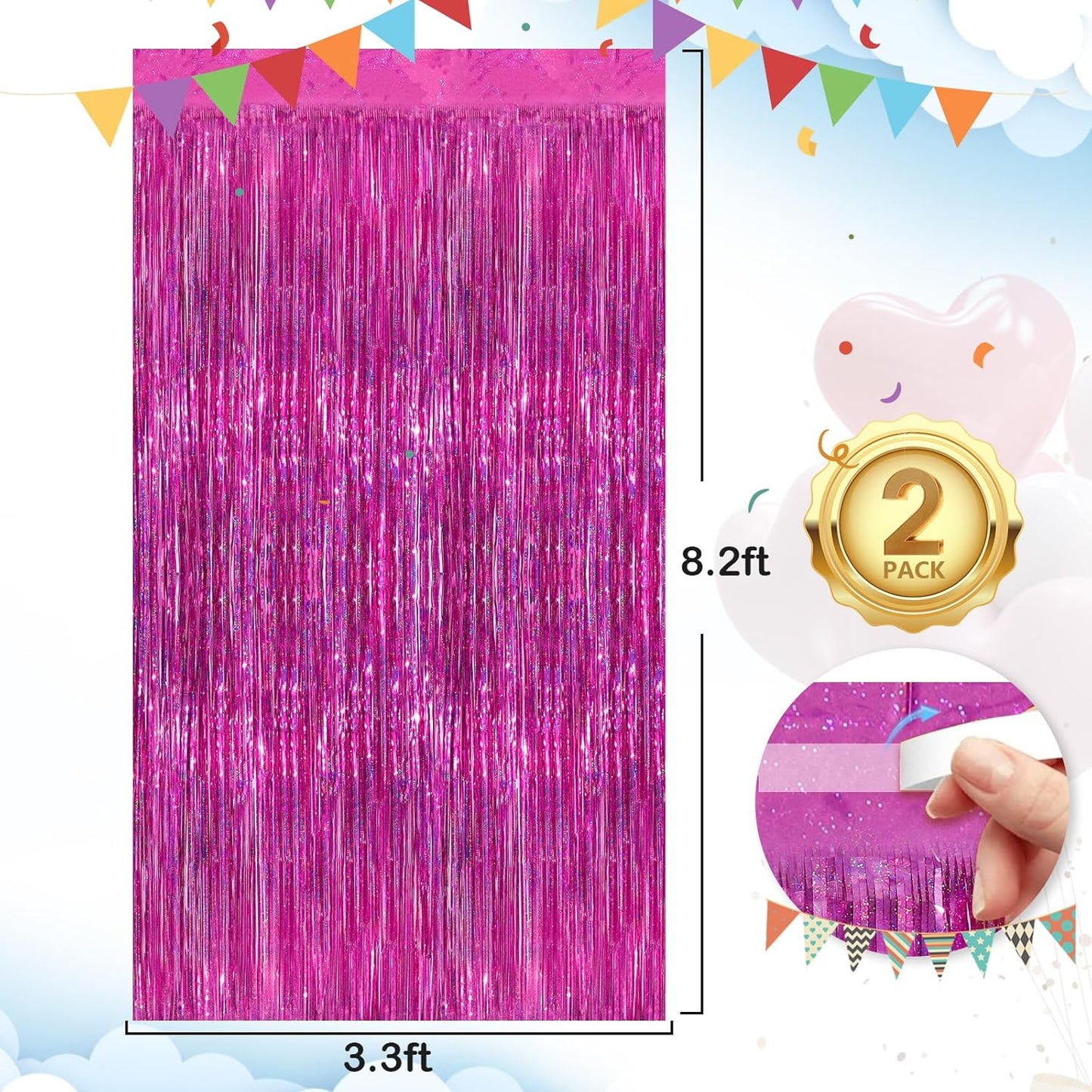 Rose Pink Party Streamers 2 Pack Glitter Foil Fringe Curtain 3.3 x 8.3ft Pink Party Decor Photo Booth Streamers Metallic Tinsel Door Streamer for Christmas Baby Shower Halloween Decorations