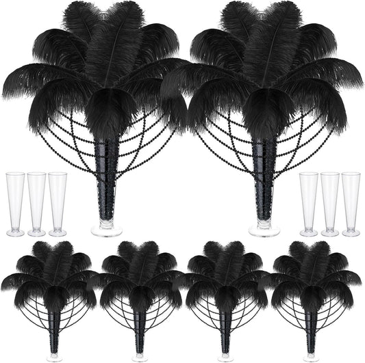 Yuxung 6 Sets Wedding Table Centerpiece Accessories Including 159 Pieces Natural Ostrich Feather Bulk Plastic Vases and Beads Necklaces for Wedding Home Party Centerpiece Supplies(Black)