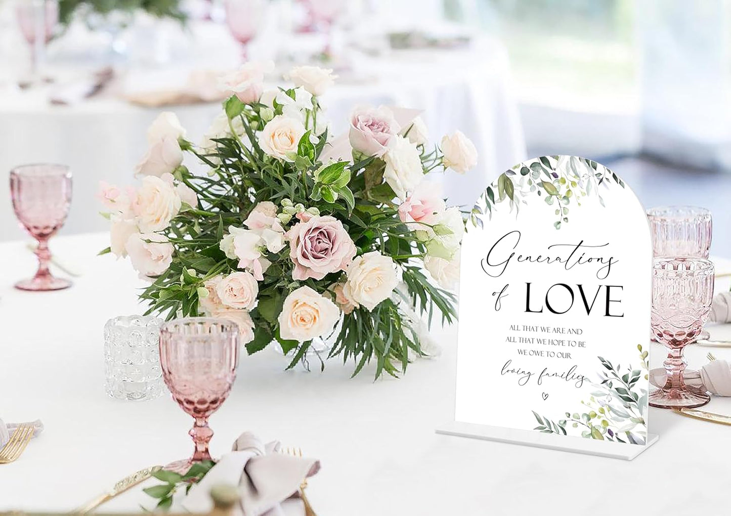 Greenery Generations Of Love Sign, 6 x 8 Inch White Arch Acrylic Wedding Sign with Holder, Wedding Sign for Ceremony and Reception, Wedding Decoration, Wedding Supplies - LY16