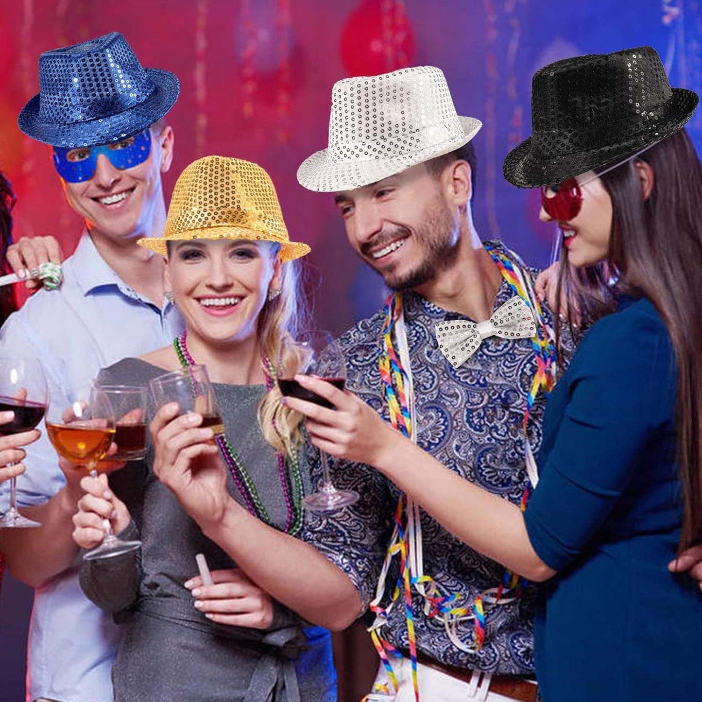 10 Pcs Unisex Sequin Fedora Hat Sequin Bow Ties Set Bling Retro Dance Jazz Cap Funky Party Costume Fedora