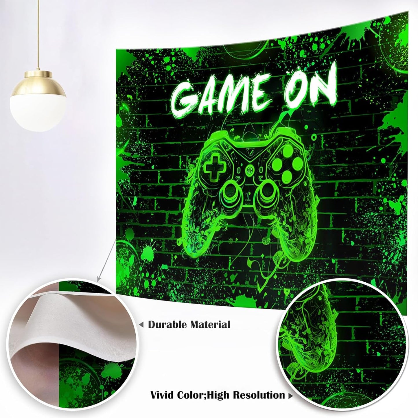 Mocsicka Game On Backdrop Video Game for Boys Level Up Birthday Party Decoration Game Night Arcade Neon Glow Gamer Banner Photography Background (Green, 7x5ft(82"x60"))