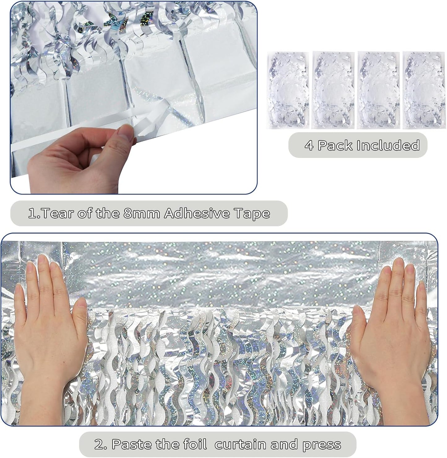 4 Pack 3.3 ft x 6.6 ft Silver Metallic Tinsel Foil Fringe Curtains - Door Streamers for Photo Booth Christmas Day Thanksgiving Wedding New Year Party Decorations