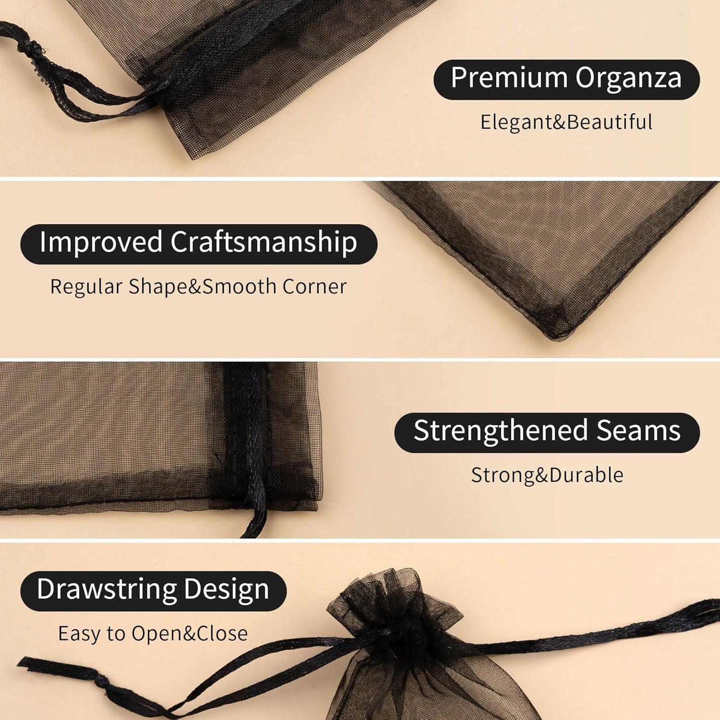 50 Pcs Organza Bags 6x9 Inch, Mesh Gift Bags Mesh Bag Drawstring Pouch Bag for Jewelry Candy Party Favor (Black)