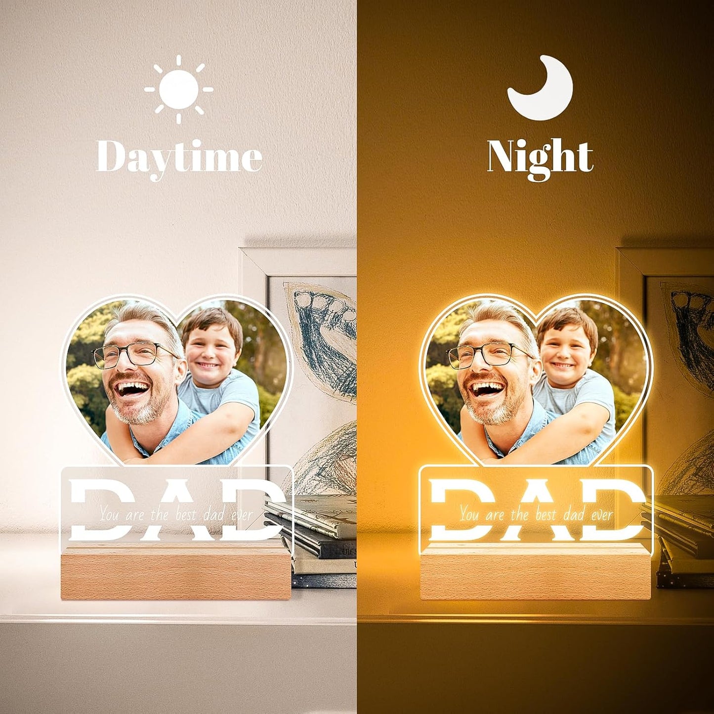 Personalized Photo Gifts for Dad from Daughter and Son, Personalized Picture Frame with Night Light, Custom Acrylic Plaque Photo Frame, Customized Dad Birthday Gifts for Baby Kids Family