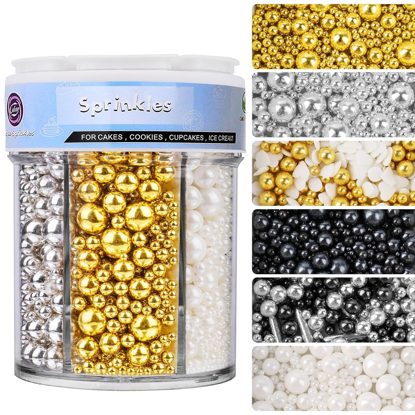 Sprinkles for Cake Decorating, 11Oz 6 Colors Gold Silver White Black Pearl Sprinkles Mix for Cake Cupcake Ice Cream Donuts Cookie Baking Toppings