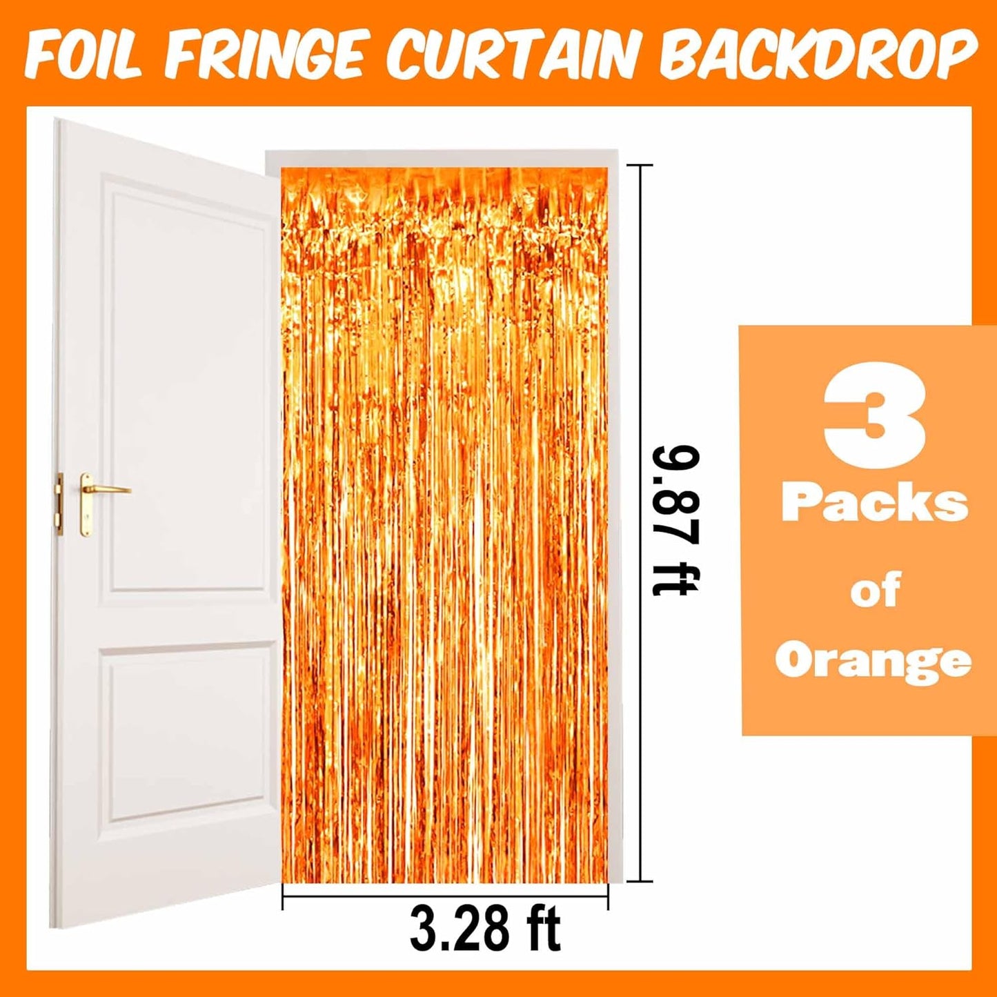 3 Pack Orange Foil Fringe Curtains Backdrop, 3.28 x 9.8 Ft Metallic Streamers Tinsel Curtains Background for Photo Booth, Birthday, Halloween, Christmas, Thanksgiving, New Year Party Decorations