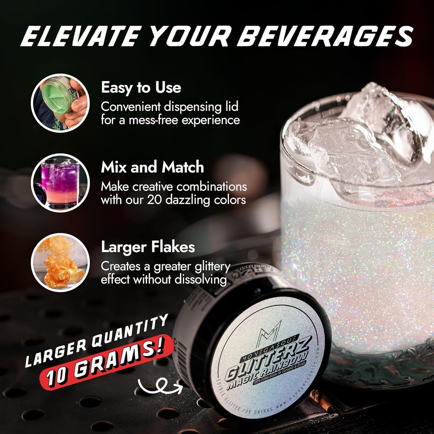 MONÉGASQUE Magic Rainbow Edible Glitter for Drinks 10g – Edible Glitter for Cakes & Cocktails – Cocktail & Drink Shimmer Powder – Sparkles for Drinks – Halloween Food & Cake Decorations Spray Dust