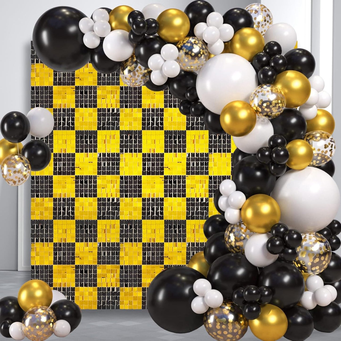 24PCS Black Gold Shimmer Wall Backdrop, Square Sequin Photo Backdrops Panel, Glitter Wall Background for Birthdays, Weddings, Christmas, Engagements, New Years Party Decor (4FTx6FT)