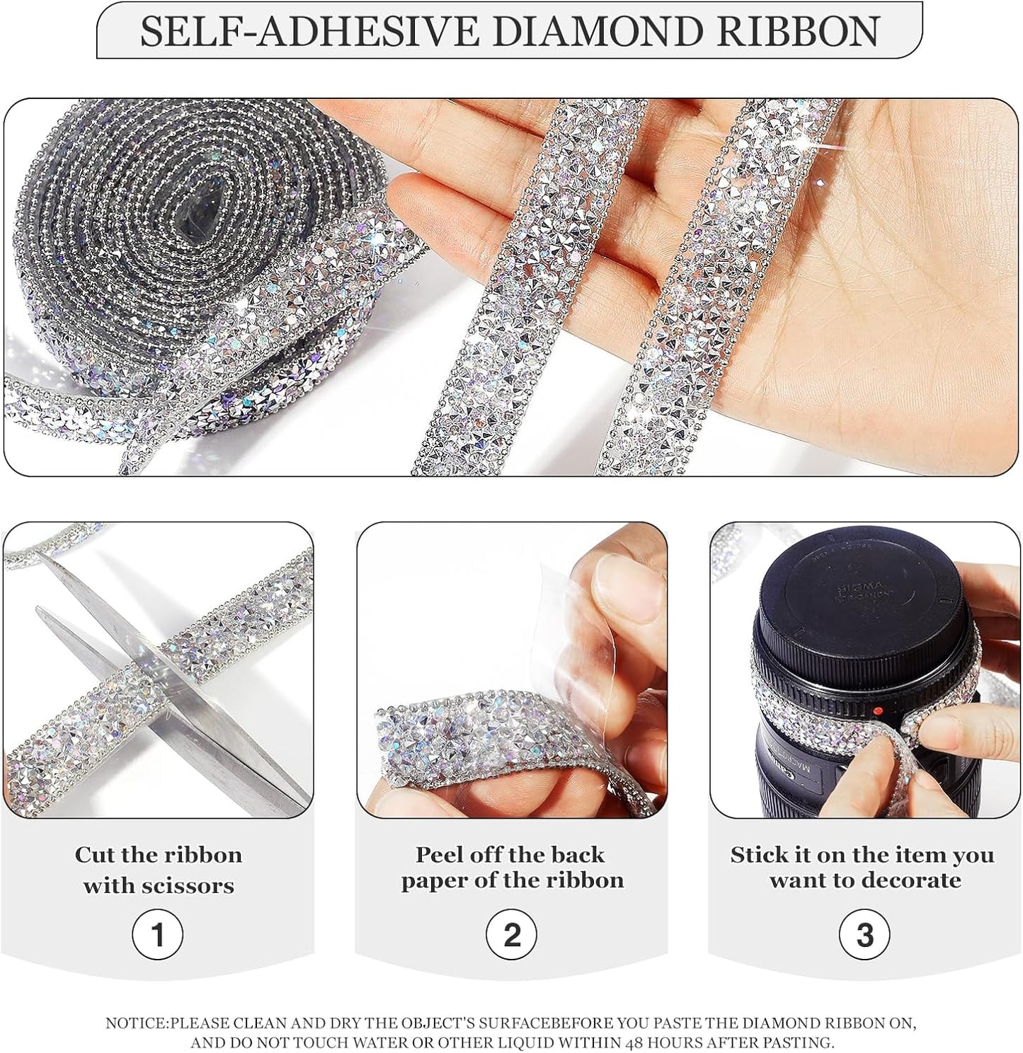 Rhinestone Ribbon 6 Yards Self Adhesive Rhinestone Strips Diamond Ribbon Sticker Crystal Roll Glitter Bling Rhinestones Tape for Crafting DIY Art Decoration (Silver AB,0.4 Inch)