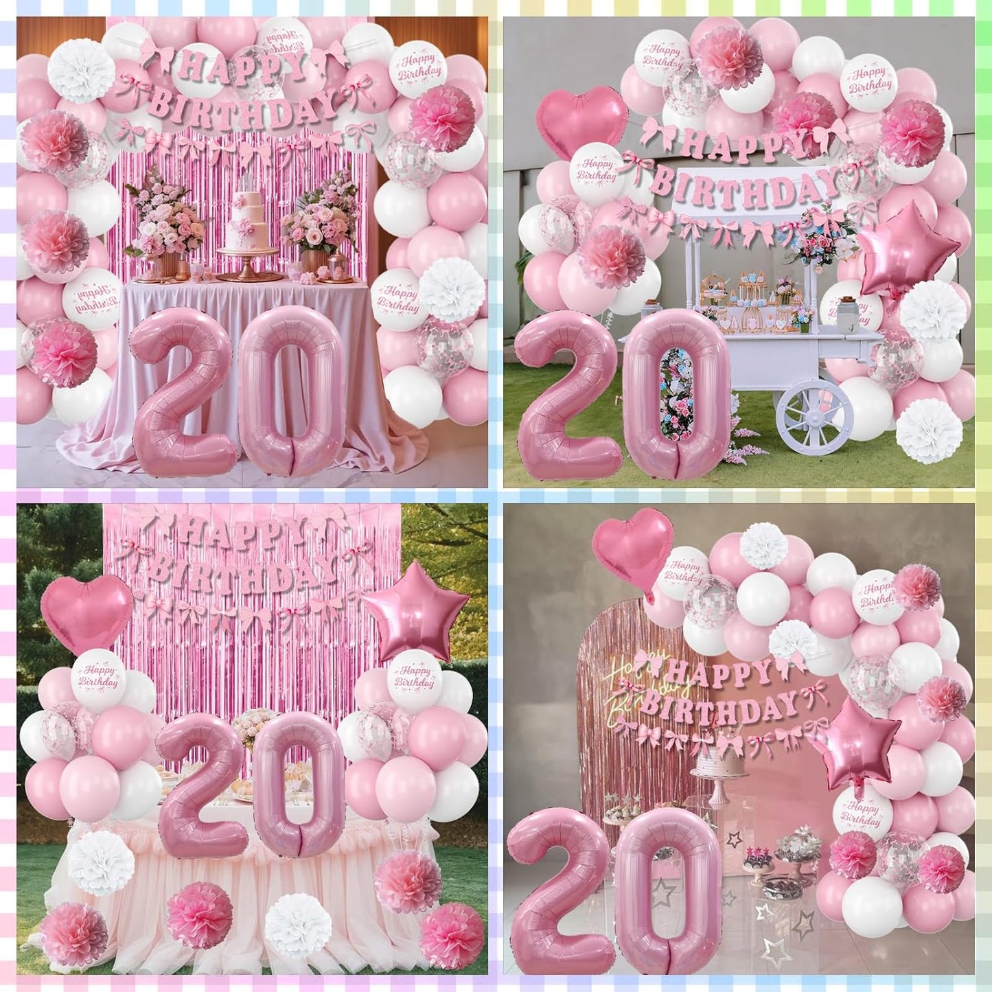 20th Birthday Decorations for Girls Pink Number 20 Balloon Bow Coquette Happy Birthday Banner Fringe Curtain Paper Pom Poms Star Heart Foil Pink White Balloons 20 Year Old Party Decor for Her