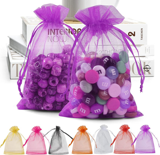 ANZNKU 100 PCS Small Organza Bags 4x6 Inches, Purple Gift Drawstring Pouches For Halloween Party Festival Earrings Cosmetic Favor Mesh Gift Bags