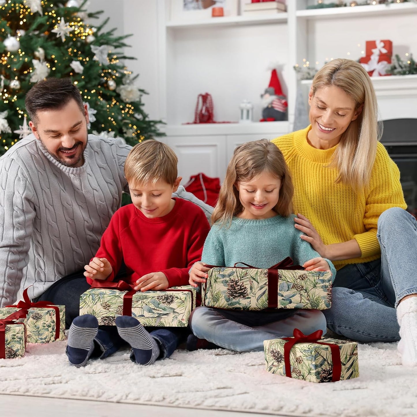 RUSPEPA 30" X 32.8' Kraft Christmas Wrapping Large Paper Roll, Jumbo Roll, Watercolor Pinecone and Eucalyptus Leaf Design, Kraft Gift Wrap for Christmas, Winter Holiday Party, Rustic Natural Theme