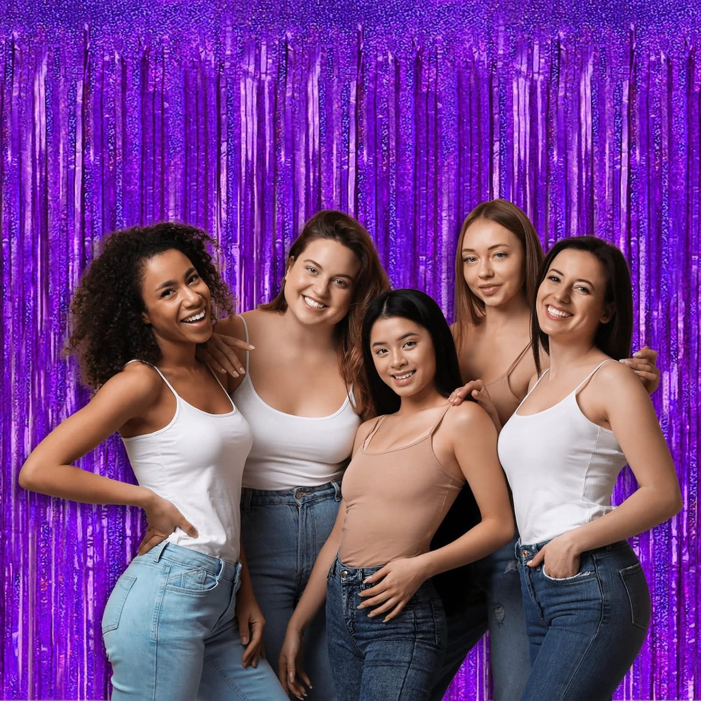 4 Pack Purple Tinsel Foil Fringe Curtain Backdrop, 3.28Ft x 8.2Ft Metallic Streamers for Photo Booth Props Wedding Bridal Shower Bachelorette Birthday New Years Christmas Party Decoration