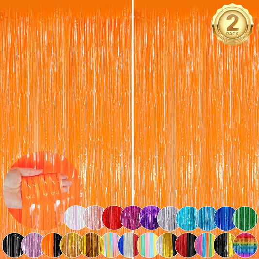 Macaron Orange Fringe Curtain Party Streamers 2Pack 3.3 x 8.3 Ft Foil Fringe Backdrop Curtains for Birthday Wedding Bridal Baby Shower Holiday Tinsel Streamers Orange Party Decorations Door Streamer