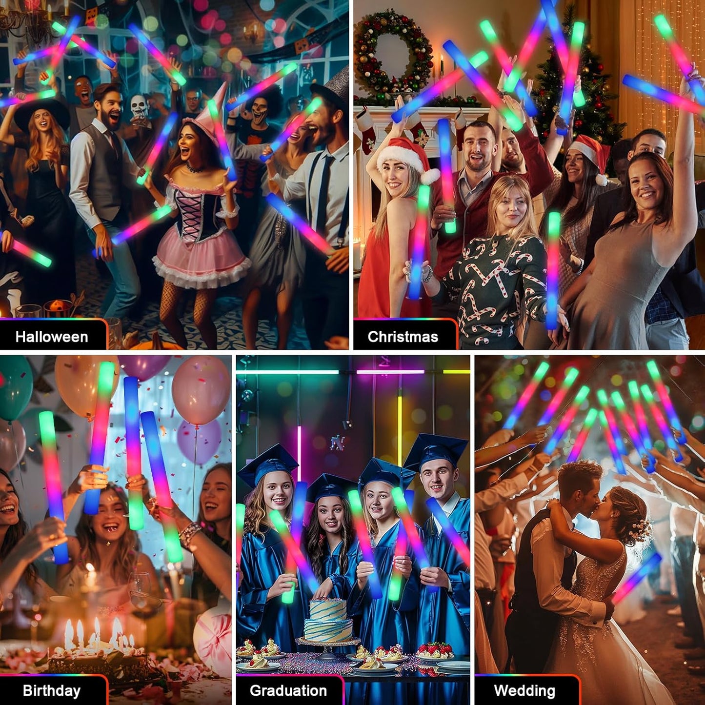 225 Foam Glow Sticks, Foam Light Up Sticks Party Supplies with 3 Mode Colorful Flashing, Glow Sticks Bulk Party Pack, Led Foam Sticks for Birthday, Wedding, Halloween, Carnival, Concert