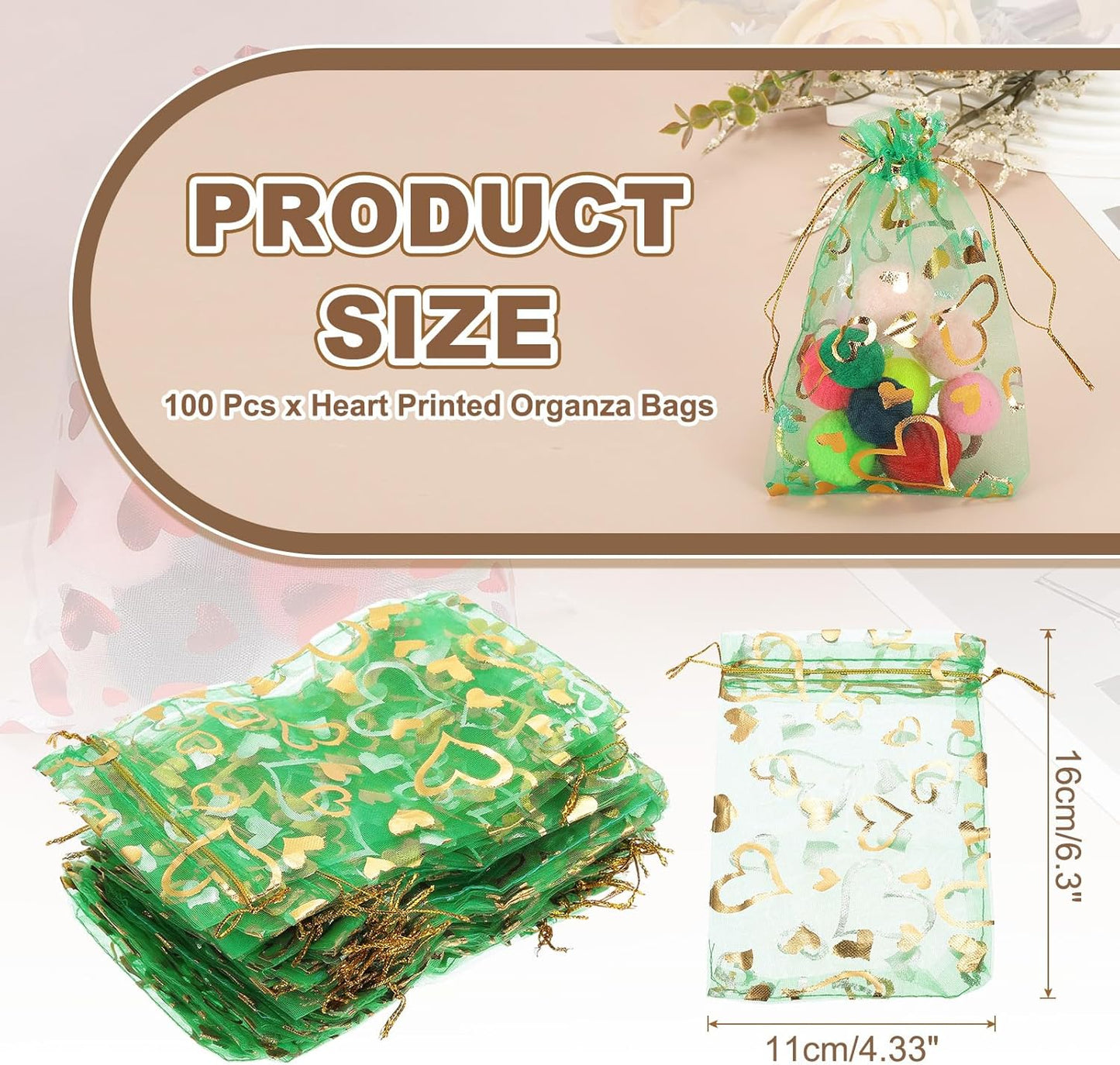 PATIKIL 100 Pcs 4x6 Inch Heart Printed Organza Bags, Green Sheer Heart Organza Bags with Drawstring for Christmas Candy Jewelry Party Wedding Favor Gift