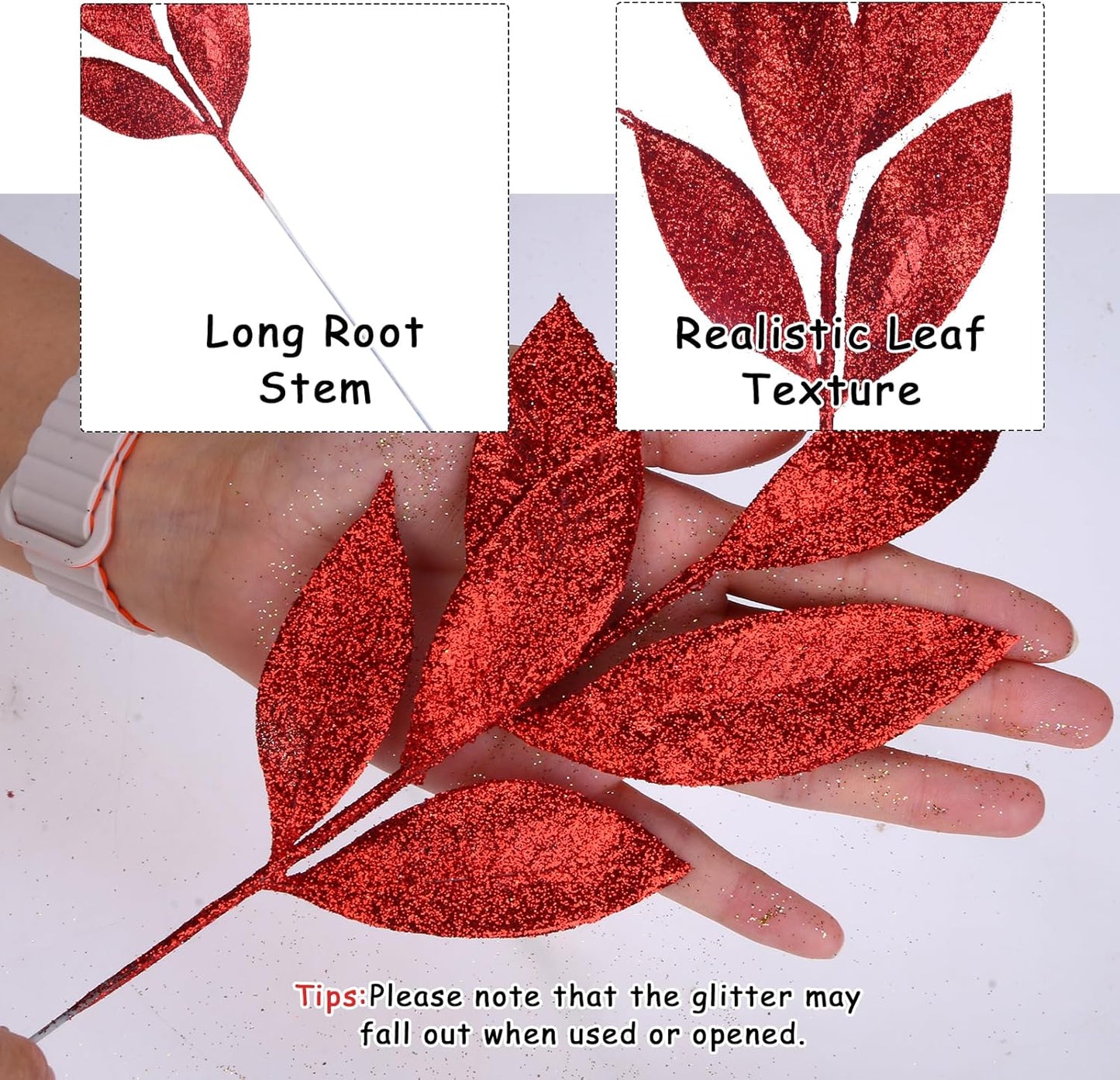 GREENTIME 12 Pack Artificial Red Glitter Leaves 13" Fake Christmas Picks Decorative Glitter Sticks for Vase Christmas Tree DIY Wreath Crafts Fireplace Decor