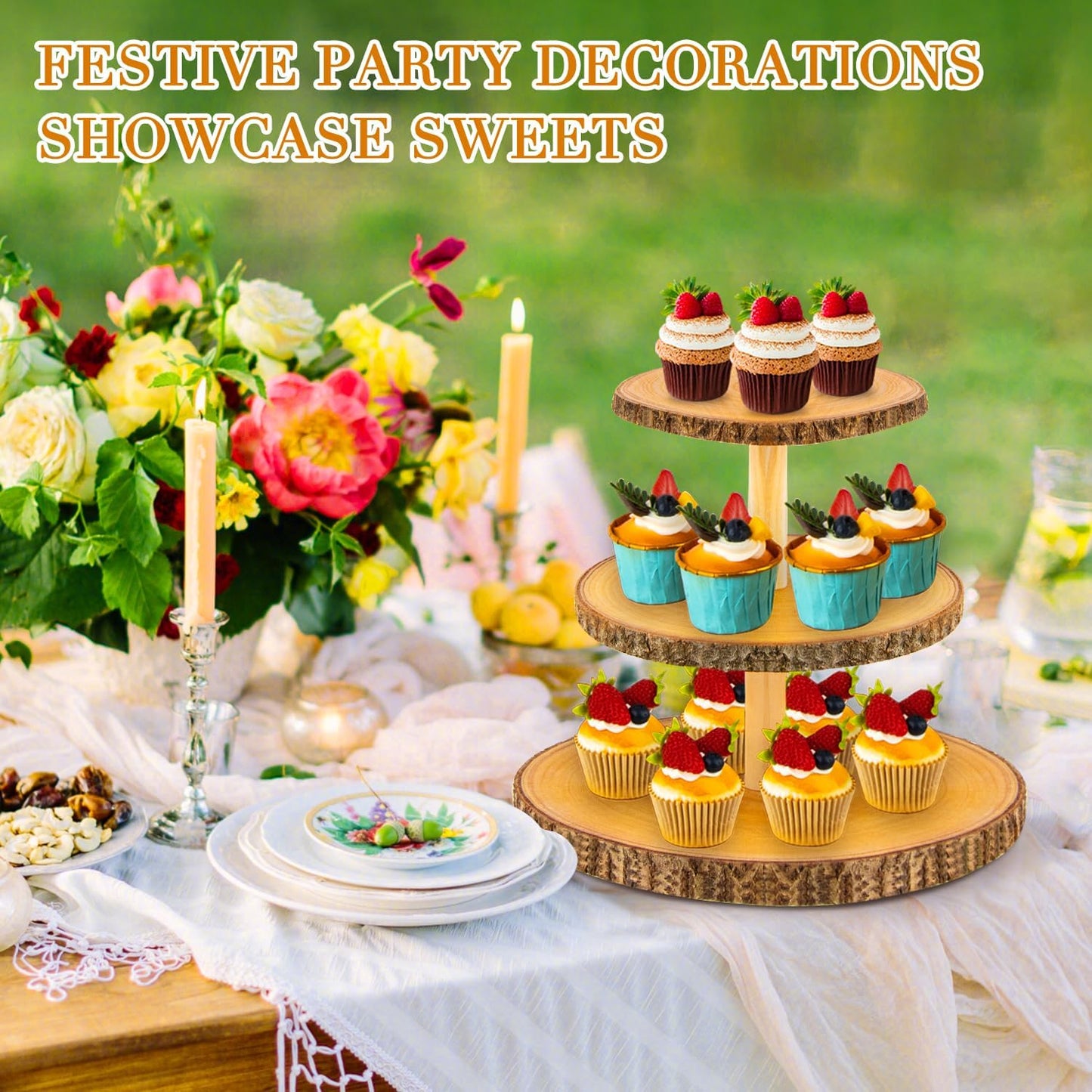 Cupcake Stand Wood Dessert Stands 3-Tier Wood Cupcake Stand - Elegant Farmhouse Dessert Display for Weddings, Tea Parties, & More./Wedding Décor/Tea Party/Birthday/Graduation/Holiday.