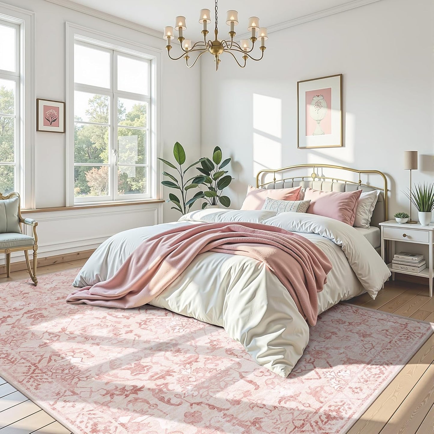 Deerly Pink Area Rugs 10x12 for Living Room Soft Non-Slip, Large Bedroom Rug Vintage Dining Room Rug Tribal Farmhouse Carpet for Dining Room Office