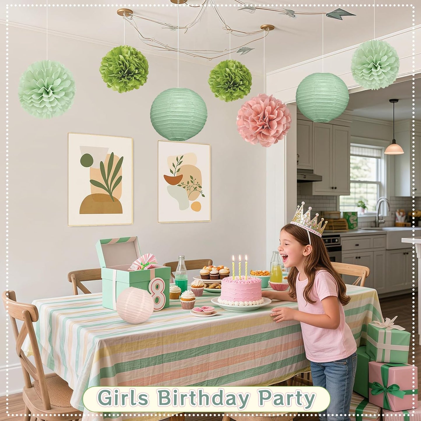 15Pcs Sage Green Party Decorations, Hanging Paper Lanterns Paper Fans Tissue Flower Pom Poms for Women Girls Birthday Wedding Bridal Baby Shower Green and Pink Party Decorations