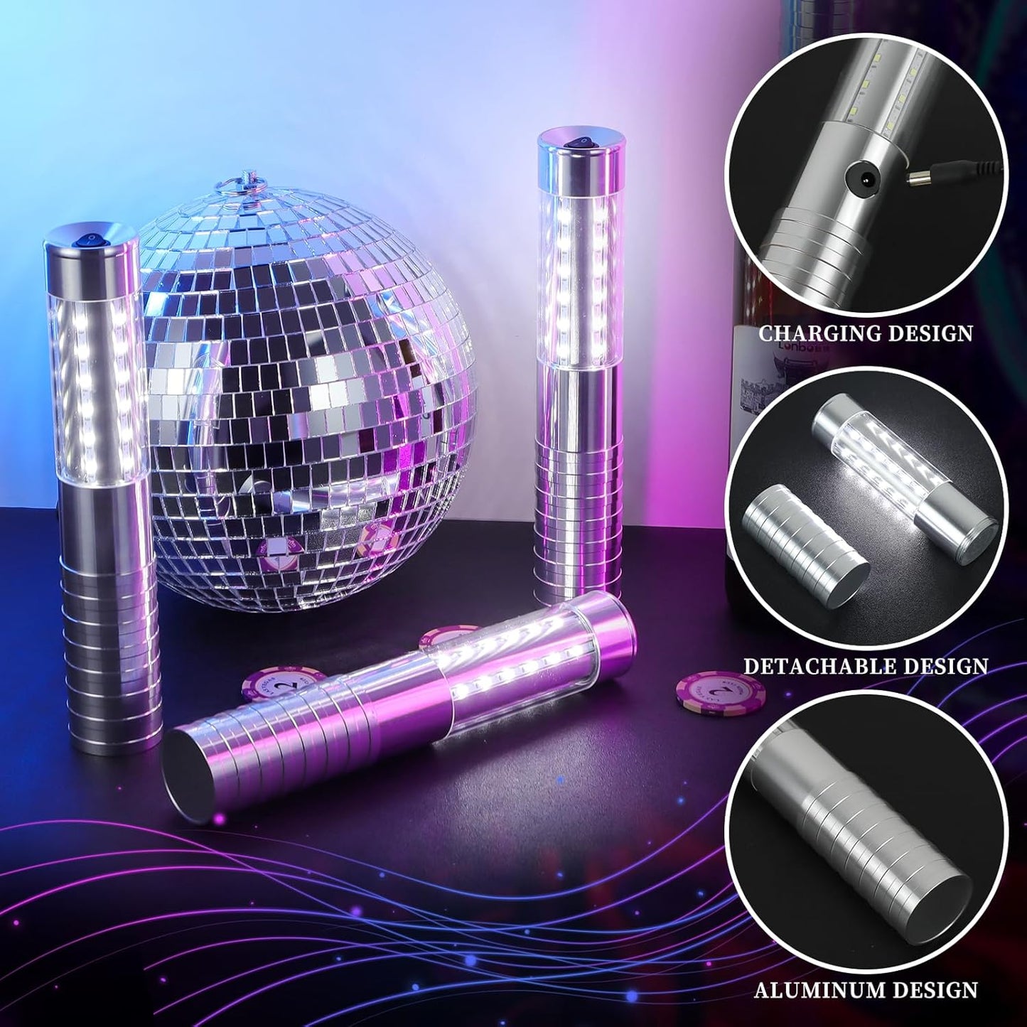 8 Pieces LED Strobe Baton Light Rechargeable Bottle Service Sparklers Stick Reusable Champagne Bottle Handheld LED for Club Stage Nightclub Party Concert Event Bar Outdoor - Silver