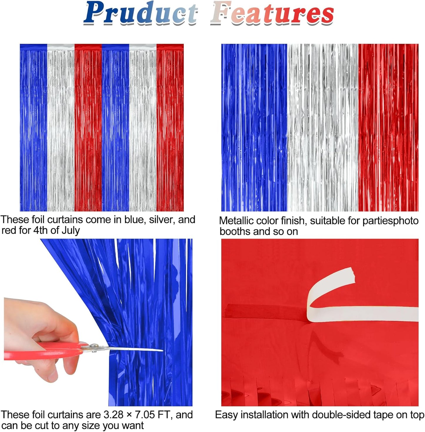 8 Pack 4th of July Photo Backdrop, 3.28 FT x 7.08 FT Fourth of July Decorations, Metallic Blue Silver Red Patriotic Tinsel Backdrop Foil Curtains, Patriotic Independence Day Decorations