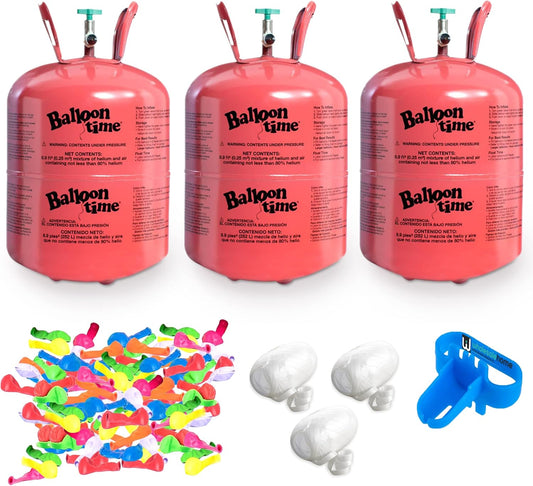 Helium Tank for Balloons At Home, 14.9 Cu Ft Helium Balloon Pump Kit with 50 Assorted Latex Balloons, White Curling Ribbon and Wholesalehome Balloon Tie Tool, 3 Pack