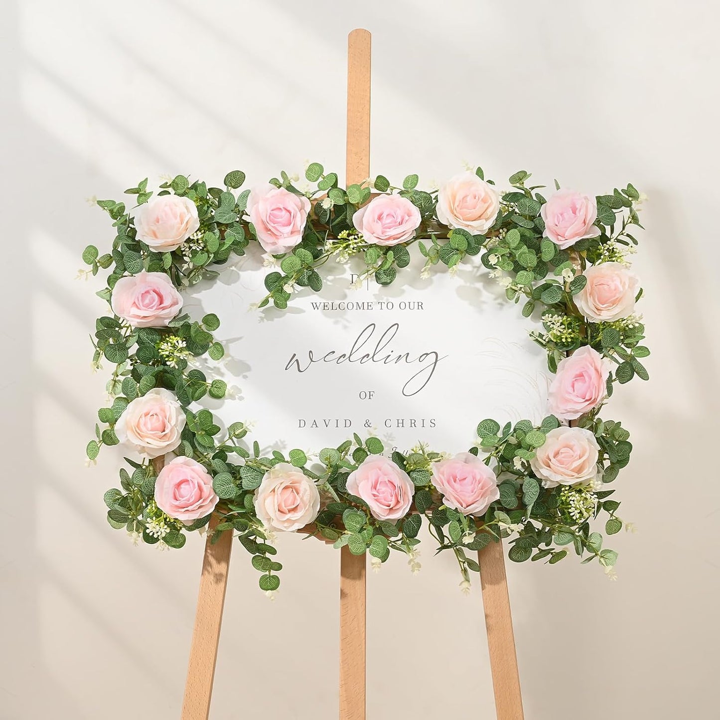 Dolicer 2Pcs 13Ft Artificial Eucalyptus Garlands with Flowers - 8 Roses, Faux Floral Greenery Garlands Fake Flowers Vines for Wedding Table Centerpieces Arch Party Ceremony Backdrop Decor (Pink)