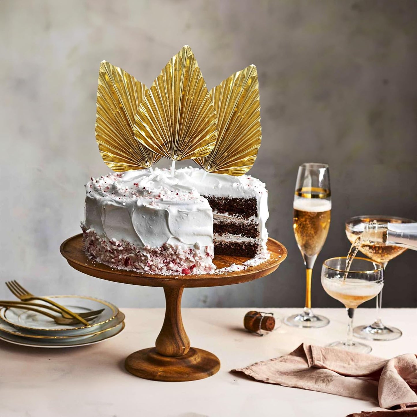 Gyufise 6Pcs Paper Palm Fan Cake Toppers Palm Spear Leaves Fan Cupcake Toppers Cake Insert Decorations Craft DIY Cake Bakeware Decoration for Birthday Party Wedding Party Decor Supplies Light Gold