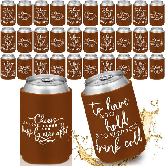 50 Pieces Chocolate Wedding Can Cooler Sleeves Bulk Engagement Party Favors for Guests Cheers to Love Laughter and Happily Ever After Rehearsal Dinner Decorations for Wedding Bridal