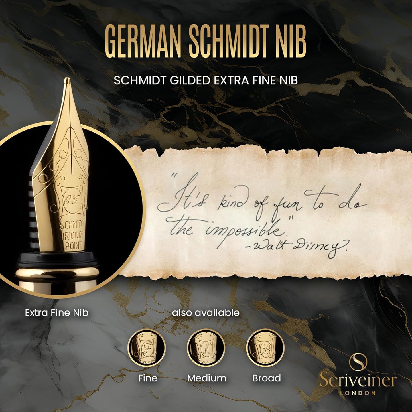 Scriveiner Black Lacquer Fountain Pen - Stunning Luxury Pen, Real Gold Finish, Schmidt Gilded Nib (Extra Fine), Best Pen Gift Set for Men & Women, Professional, Executive, Office, Nice Pens