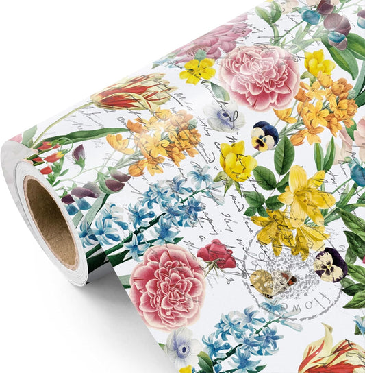 WRAPAHOLIC Floral Wrapping Paper Roll - Mini Roll - 17 Inch x 33 Feet - Garden Flower Wrapping Paper, Perfect for Girls Women Birthday, Wedding, Bridal Shower