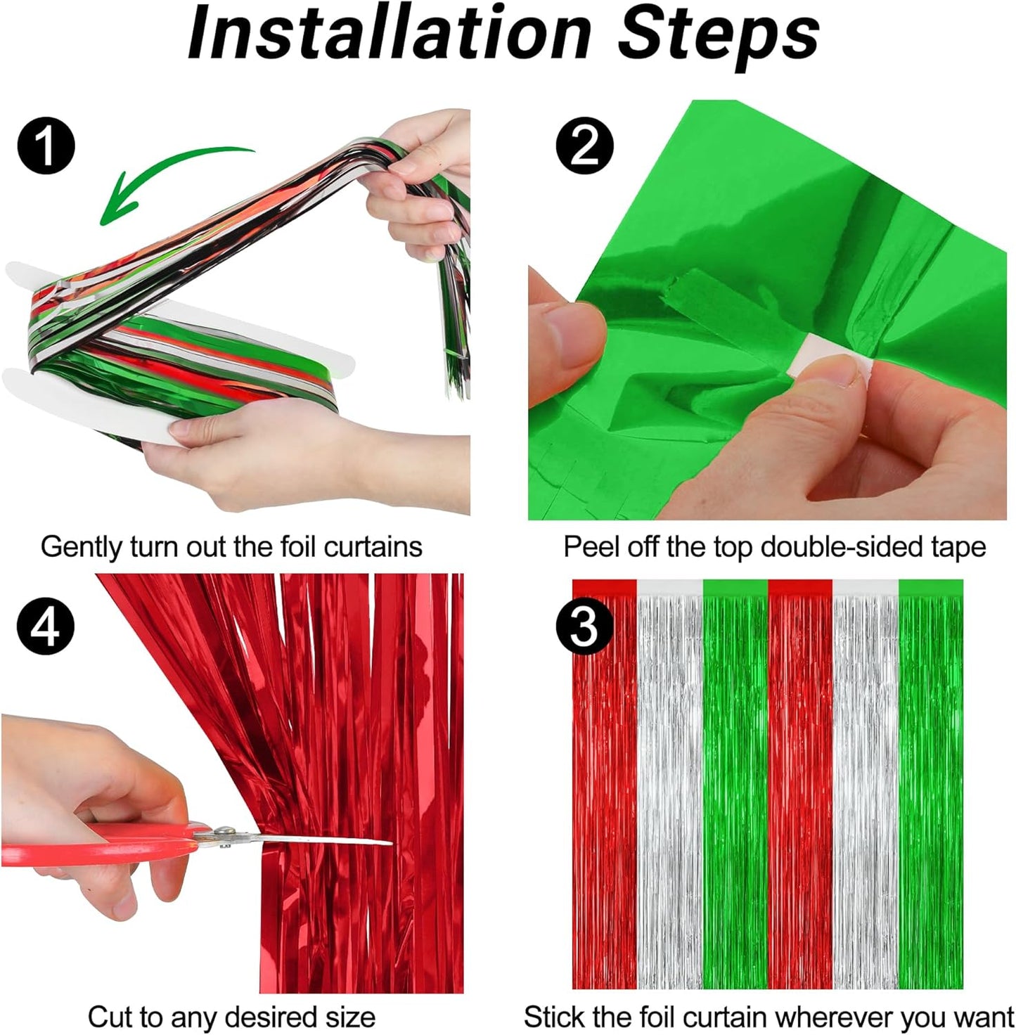 4 Pack Christmas Curtains, 3.28 FT x 7.05 FT Red Silver Green Foil Backdrop, Metallic Foil Fringe Curtains Party Streamer Picture Backdrop, Christmas Door Decorations Photo Props Party Supplies