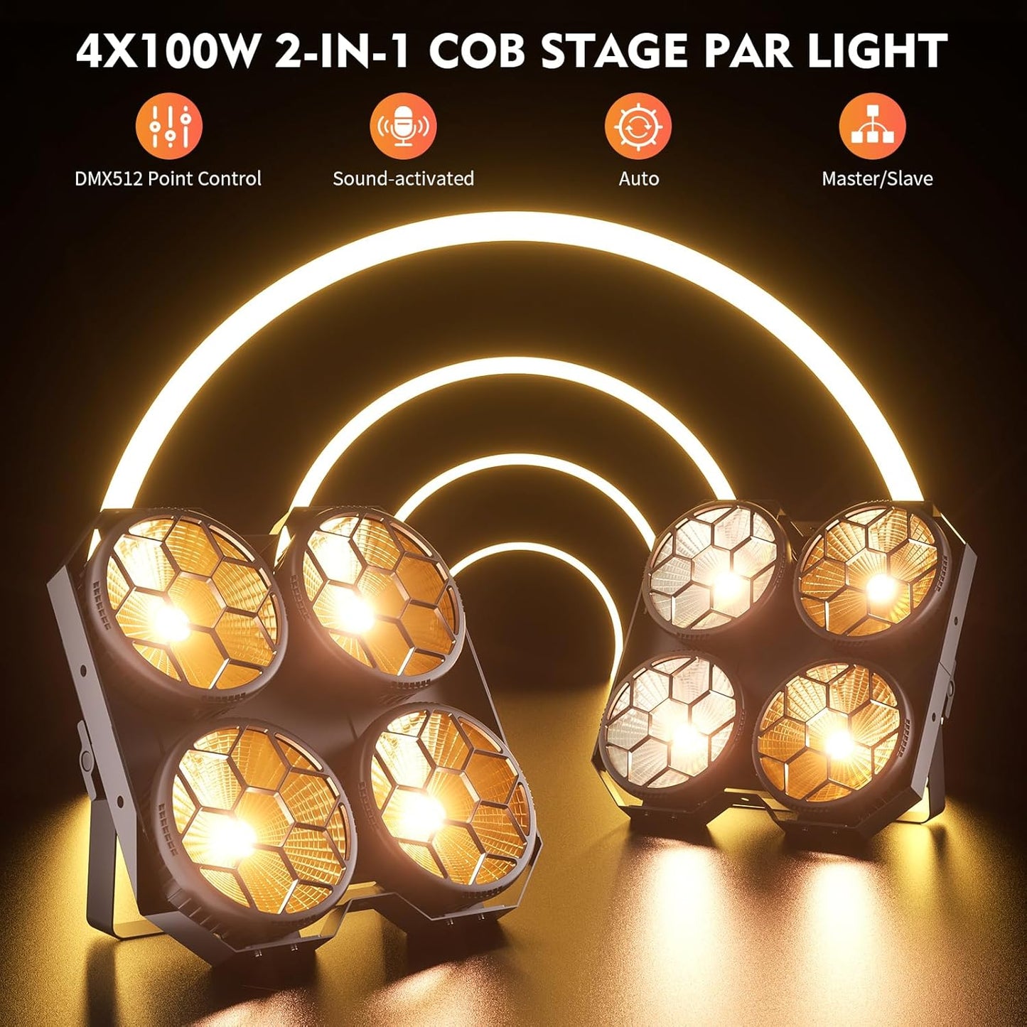 Stage Lights, 4X100W COB Spotlight LED Par Can Retro Lights, 2 in 1 Cool White & Warm White DMX512 Sound Activated Blinder Uplights for Events Parties Wedding Church Concert Studio Show Dance - 1Pack