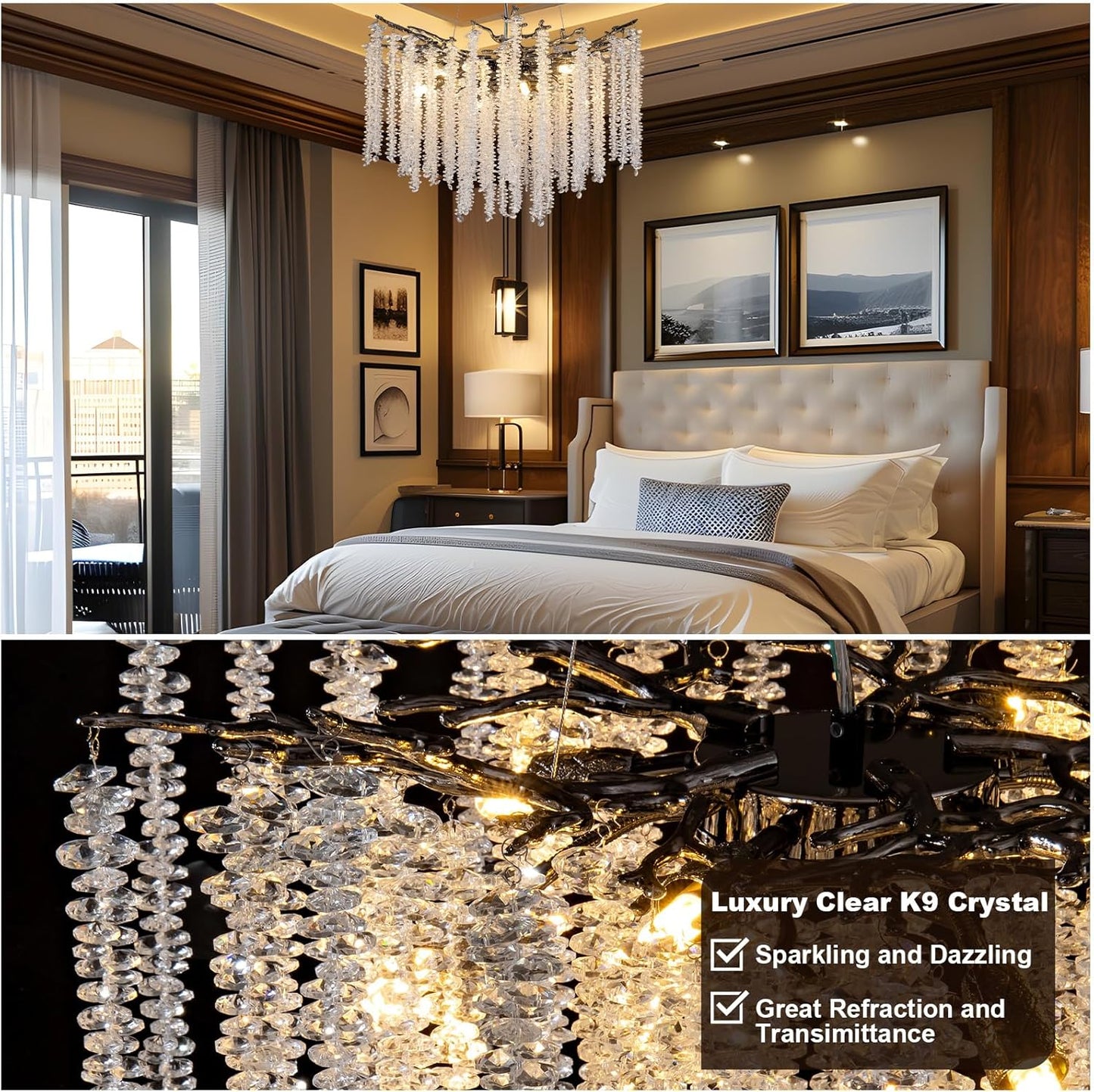 YUYI Modern Crystal Chandeliers for Dining Room,Black Tree Branches Chandelier Lighting,Round Luxury High Ceiling Chandelier Light Fixture Hanging Pendant Light Fixtures
