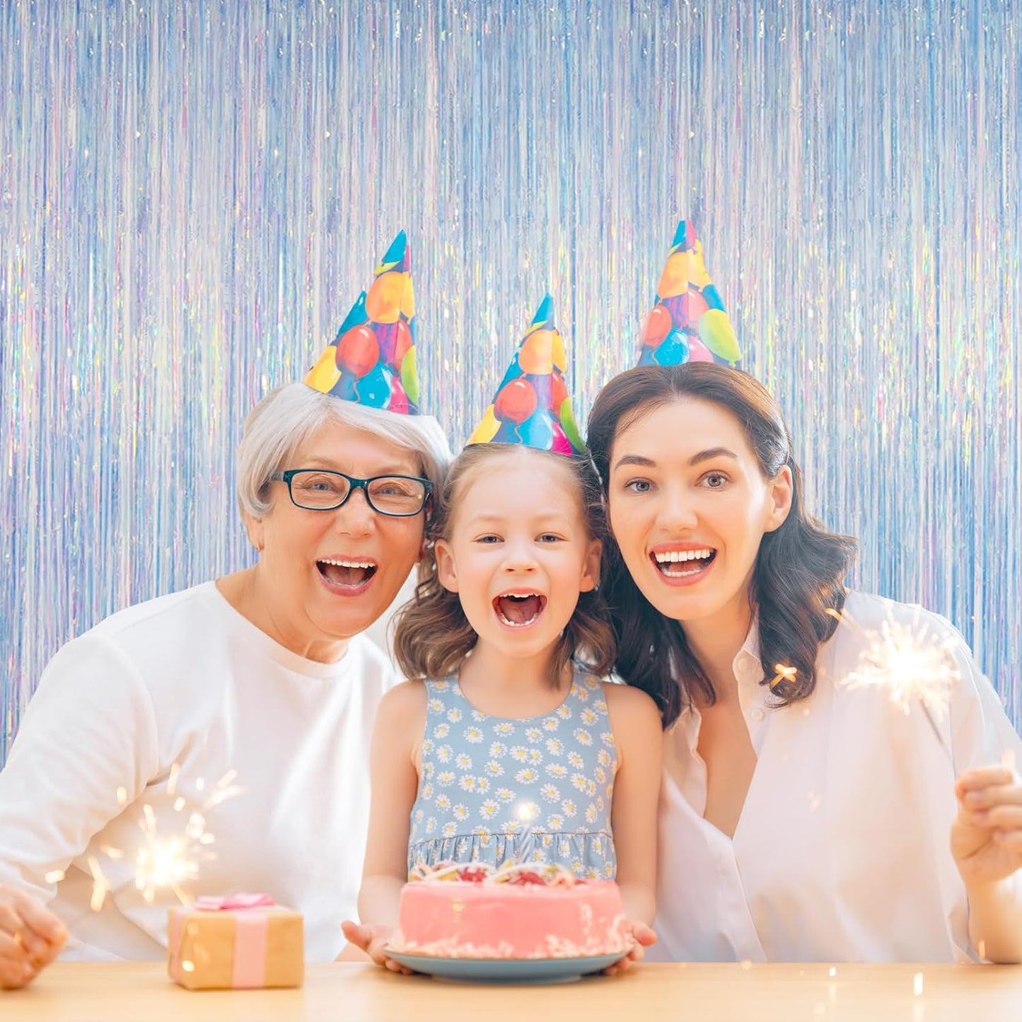 Melsan Iridescent Foil Fringe Backdrops Party Decorations - 2 Pack 3.2 x 6.5 ft Metallic Tinsel Photo Backdrop Curtains for Mermaid Unicorn Birthdays Parties - Iridescent 2 Packs