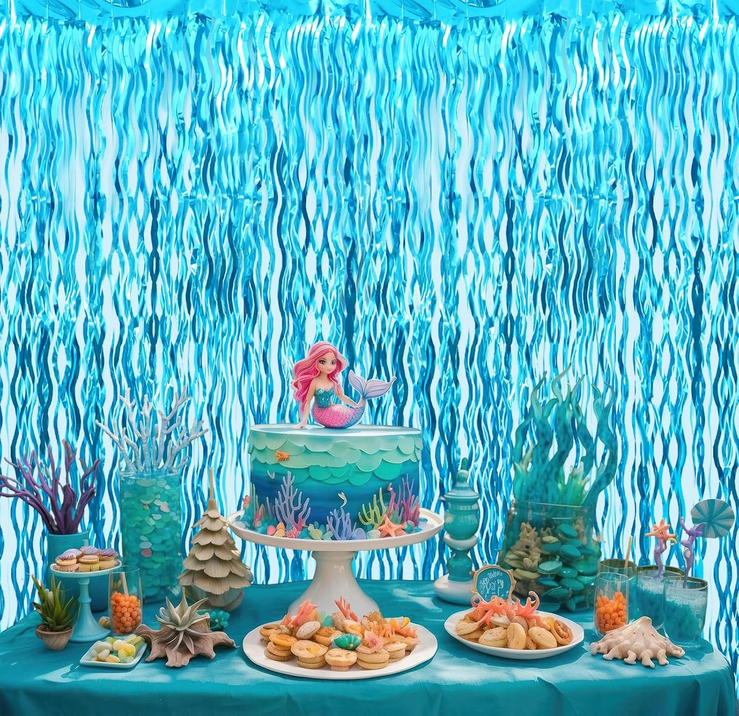 GOER 3.2 ft x 6.5 ft Metallic Tinsel Foil Fringe Curtains Party Photo Backdrop Party Streamers for Birthday,Graduation,New Year Eve Decorations Wedding Decor (1 Pack,Wavy Light Blue)