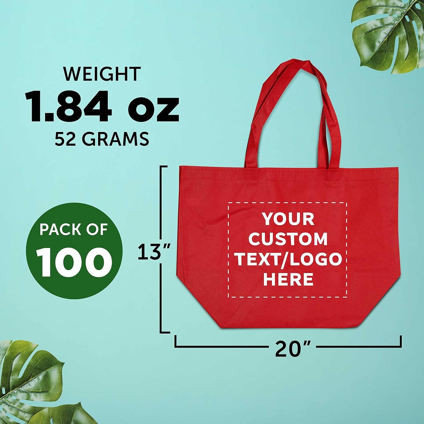 DISCOUNT PROMOS Custom Southern Style Grocery Tote Bags Set of 100 - Personalized Bulk Pack, Reusable Grocery & Shopping Bags - Great for Travel, Business Promotions, July 4th - Red - 20"X13"X8"