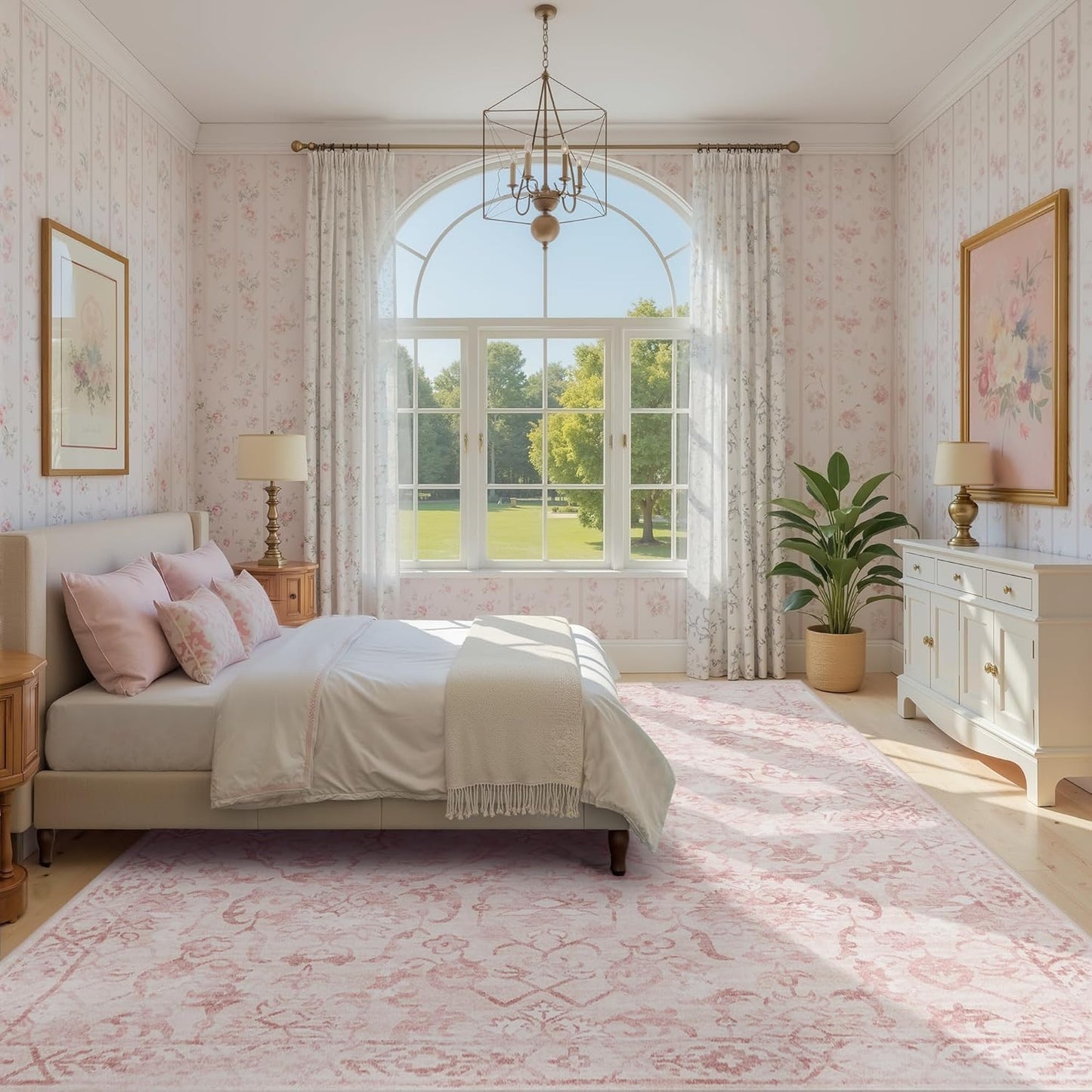 Pink Area Rugs 7x9 for Living Room, Washable Vintage Rugs for Bedroom, Distressed Throw Rug, Non Slip Rug Carpet for Bedroom Dining