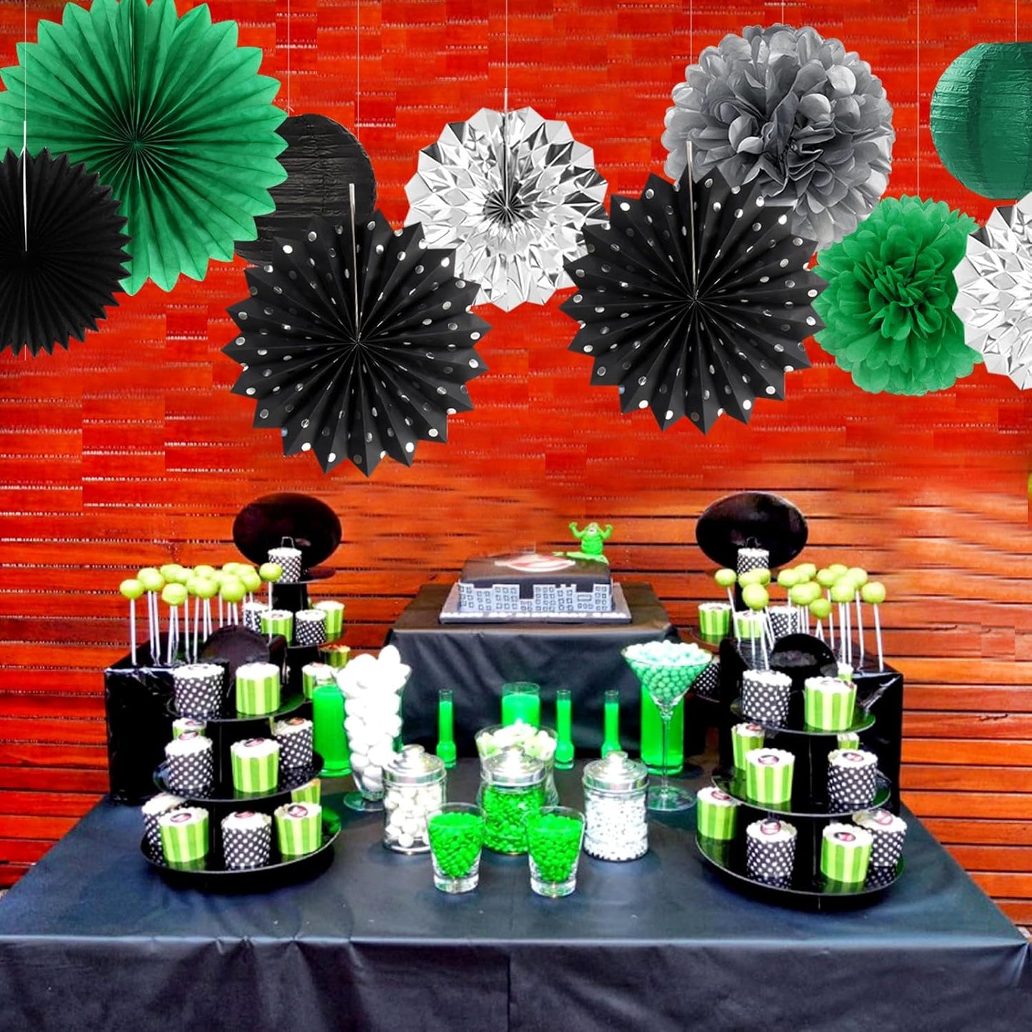 Black Green Silver Football Party-Decorations - 33pcs Banner,Soccer Graduation Streamers Tassel Garland,Tissue Pom Poms Honeycomb,Paper Lantern Fans,Men Boys Birthday Spring Summer Jungle Decor Hugtmr