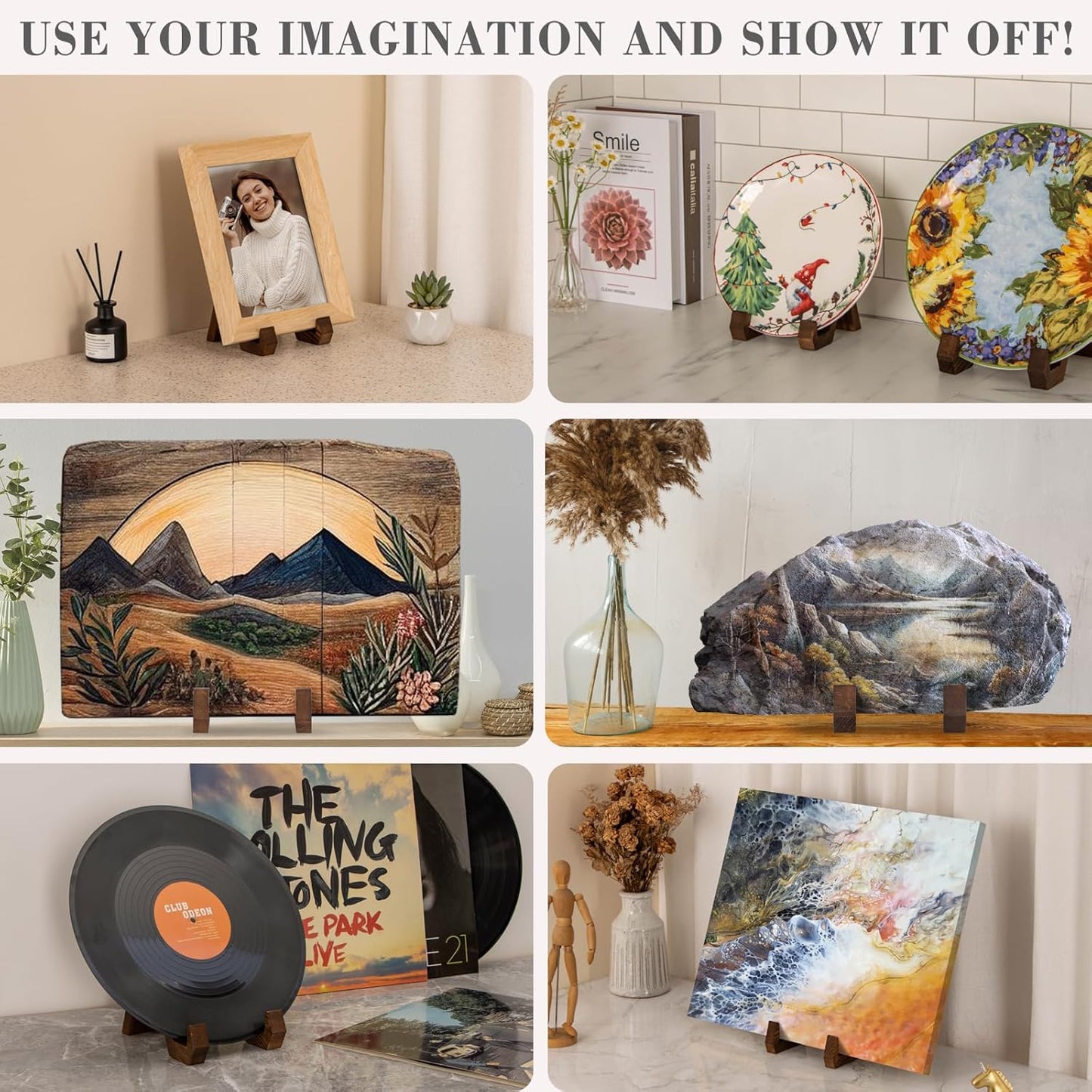 Plate Display Stand, 8 Inch Plate Holder for Displaying, Decorative Picture Frame Dish Photo Plaque Platter Wood Stand