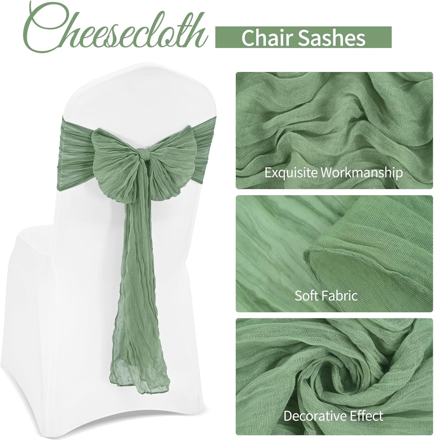 36 Pcs Sage Green Cheesecloth Chair Sashes, 16 x 108 inch Gauze Fabric Washable Chair Sashes Bows Designed for Aisle Decorations Universal Chair Cover Decor for Wedding Reception Party Banquet