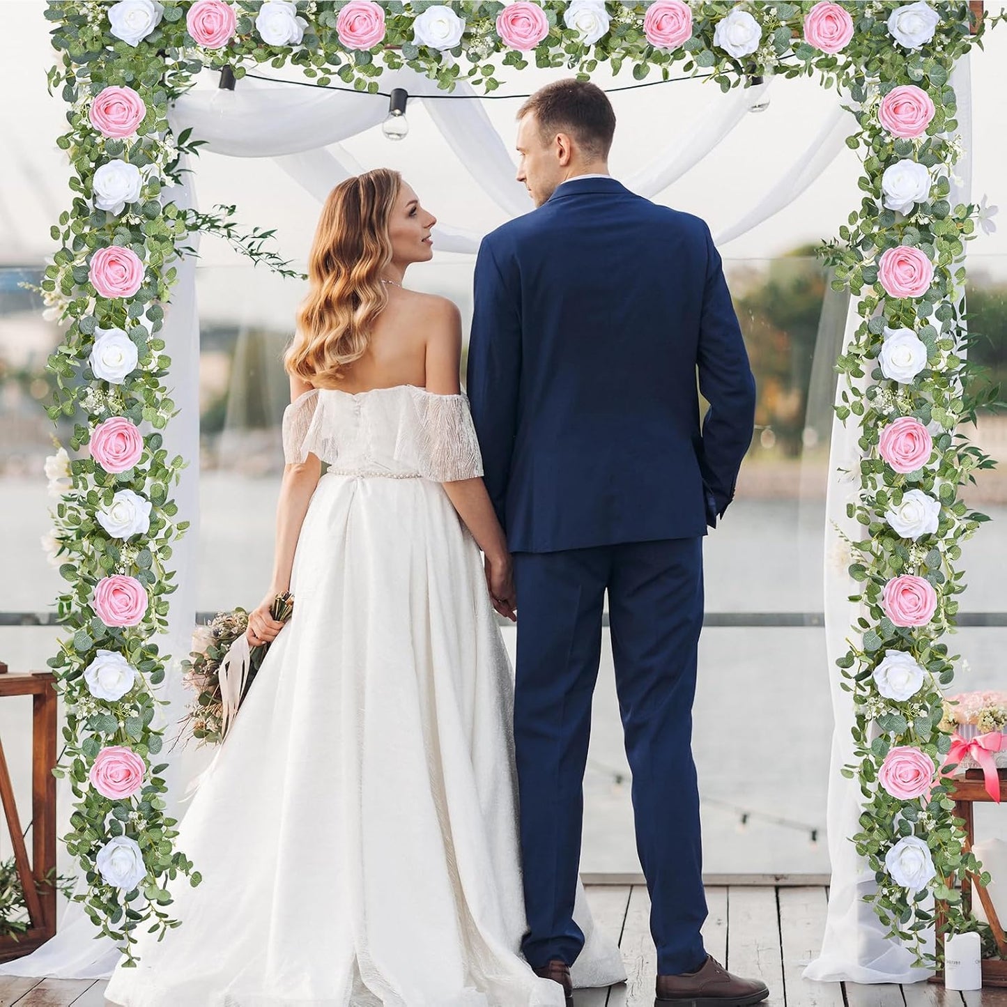 Waipfaru 2Pack 6.07FT Artificial Eucalyptus Garland with Flowers, Fake Rose Gypsophila Floral Garland, Floral Vines for Wedding Table Backdrop Party Centerpiece Room Decor